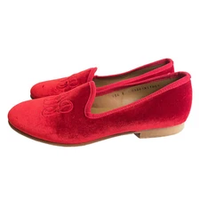 DEL TORO Smoking Slippers Red Velvet Flats Italy Monogrammed "LDP" Womens Sz 8