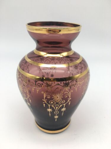 Cranberry Vintage Glass Vase With Gold Trim Overlay Design 4 1/8” Tall - Picture 1 of 8