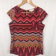 Olive & Oak Women's Chevron Striped Short Sleeve Blouse Pocket Red Pink Size XS