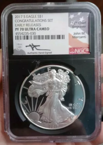2017 S PROOF SILVER EAGLE NGC PF70 UC FR JOHN MERCANTI FROM CONGRATULATIONS SET