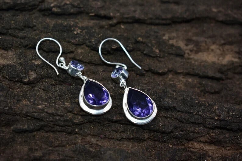 2Ct Pear & Round Lab Created Sapphire Drop Dangle Earrings 14K White Gold Plated