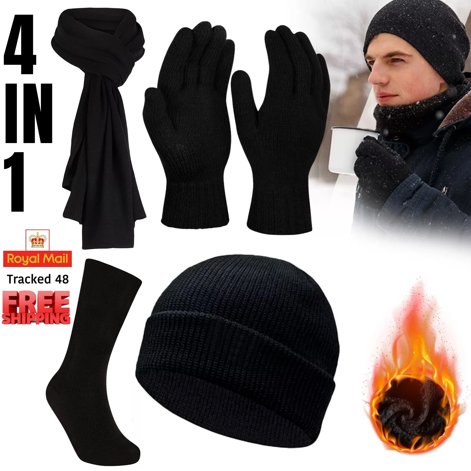 Socks Scarf Gloves Hat 4Pcs Warm Winter Knitted Thermal Set for Men's Women