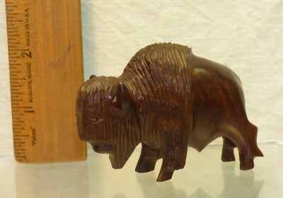 Carved Wood Buffalo Bison Figurine 3'' Long Miniature Vintage Ironwood Souvenir