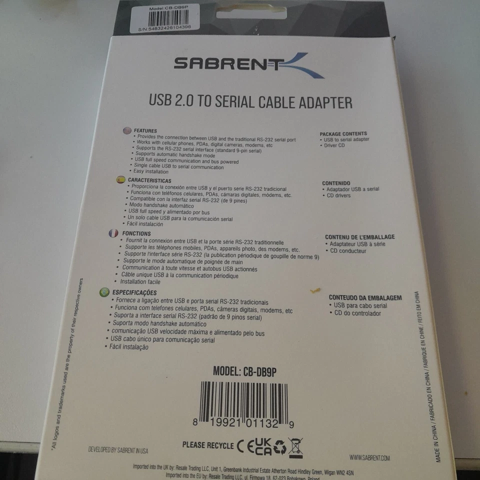 Sabrent USB 2.0 to Serial (9-Pin) DB-9 RS-232 Converter Cable (CB-DB9P)NEW - Image 3 of 4