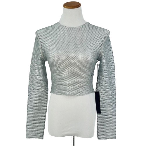 NWT Carbon38 SILVER LONG SLEEVE MESH MOCK NECK TOP - Picture 2 of 10