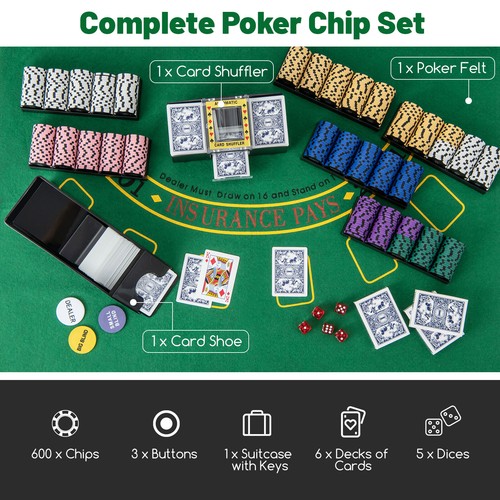 600-Piece Poker Chip Set 14 Gram Claytec Chips w/Carrying Case, 6 Decks of Cards - Picture 6 of 9