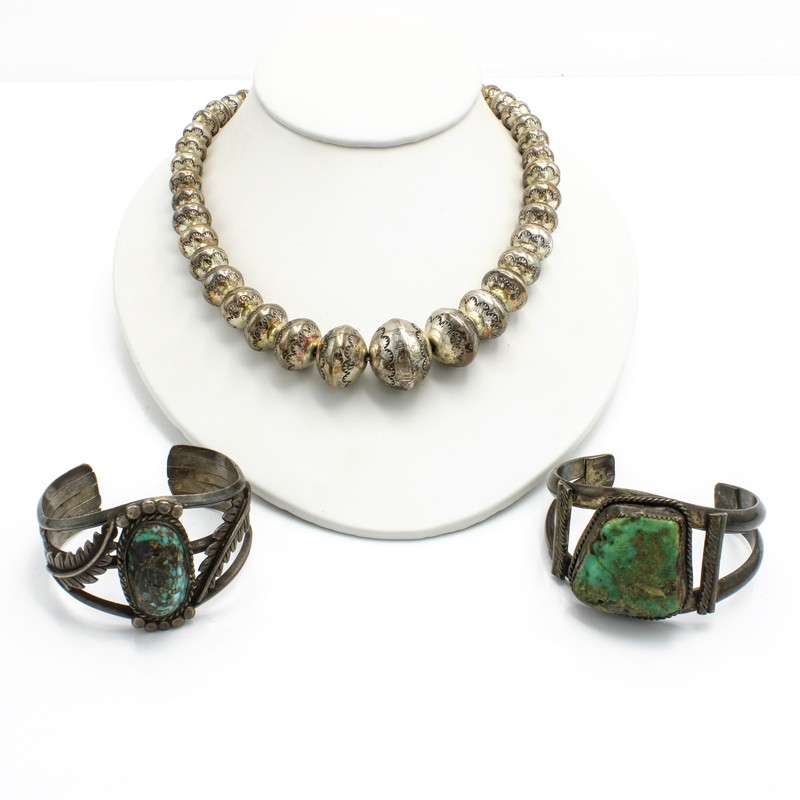 Southwest Sterling Turquoise Rope Twist Bezel Cuff 27" Necklace Lot of 3 S5571-4