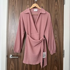 ASOS Petite Pink Textured Long Sleeve V Neck Wrap Tie Collar Mini Dress UK 8 NEW