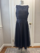Tory Burch Navy Blue Tulle Floral Applique Midi Dress Silk Lining 8 Cocktail
