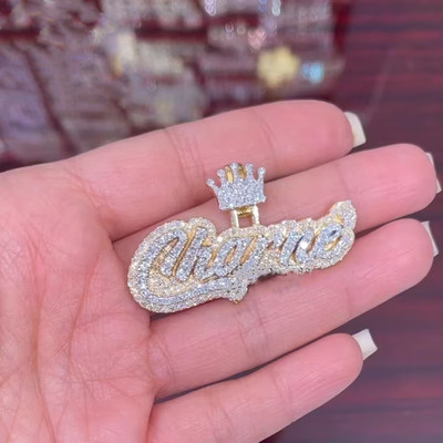 2.5Ct Round Cut Moissanite Custom Any Name Crown Pendant 14K Yellow Gold Plated
