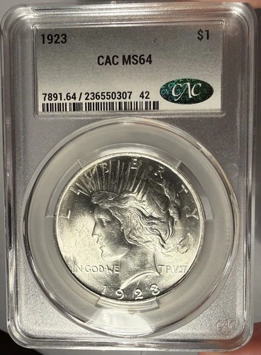 1923 $1 CACG MS 64 CAC Peace Silver Dollar