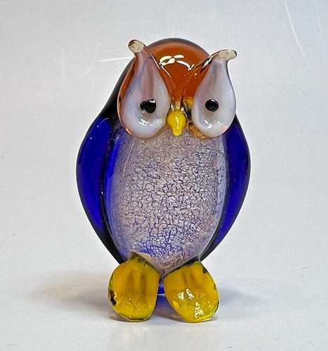 Vintage Italy Murano Glass Silver Aventurine Flecks Wise Owl Bird Figurine 2"