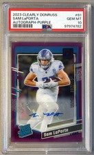 2023 Panini Clearly Donruss #81 Sam LaPorta Rookie Auto Purple /175 - PSA 10