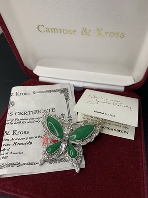 vintage jackie kennedy jbk camrose kross  Green Jade Glass Butterfly Brooch