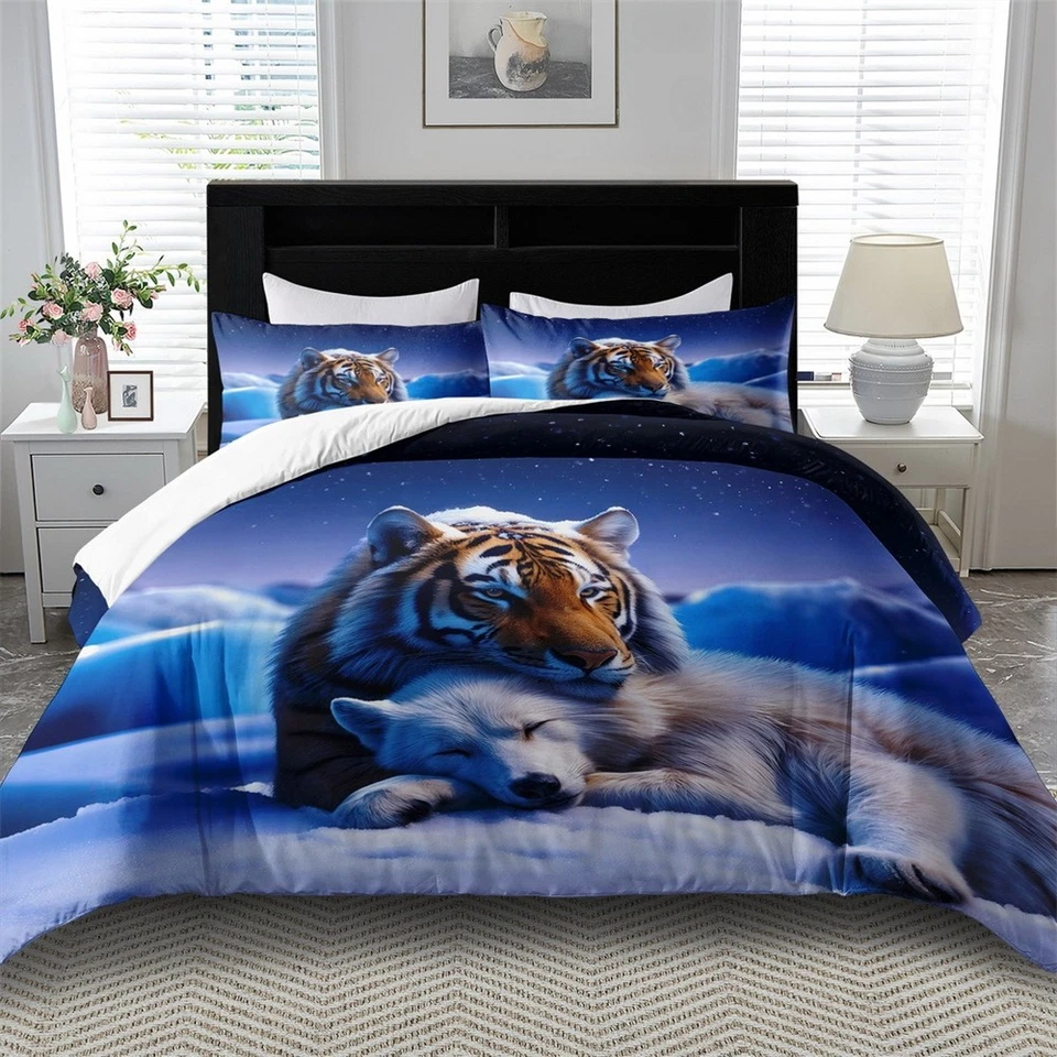 Juego de funda nórdica 3D Snow Tiger Wolf fundas de almohada fundas de edredón dobles completas Queen King Foto 3 de 3
