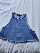 Blusa de mujer Zara azul jeans/denim cambray, media manga, cuello en V, talla pequeña