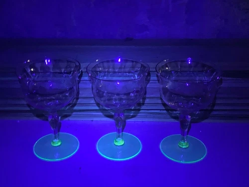 3 Vintage Tiffin Optical Glass WATERMELON 5 3/8" Footed Wine Goblet Uranium Glow