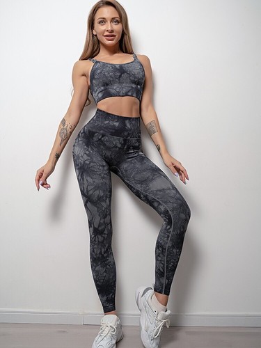 Damen Batik 2-teiliges Trainingsset nahtlos hohe Taille Leggings Yoga BH Outfits - Bild 13 von 16