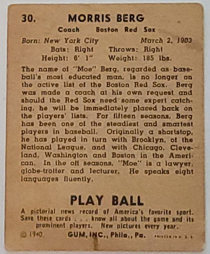 1940 Play Ball #30 Moe Berg card 'GOOD' - U.S. WWII spy! & book about his life! - Picture 3 of 3