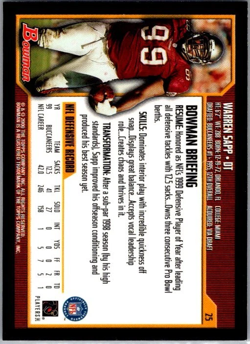 2000 Bowman #25 Warren Sapp - Image 2 of 2