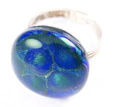 DICHROIC Glass Cocktail RING Adjustable 3/4" 20mm Emerald Green Teal Bubble Dot