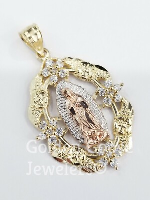 Sale 14k Yellow Rose White Gold CZ Virgin Mary Pendant Charm Religious ...