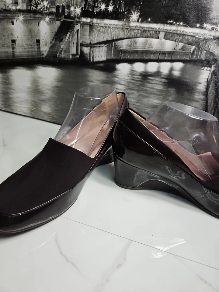 Zapatos sin cordones Taryn Rose marrón oscuro charol/textil 2,5" cuña 9,5 Foto 4 de 4