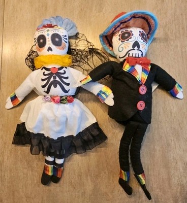 Hola Day of the Dead Fabric Decor Dolls 12  NWT Dia De Los Muertos Set Of 2