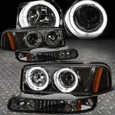 Led Halo For 1999-2006 Gmc Sierra Yukon Projector Headlights Bumper Lamp Smoke