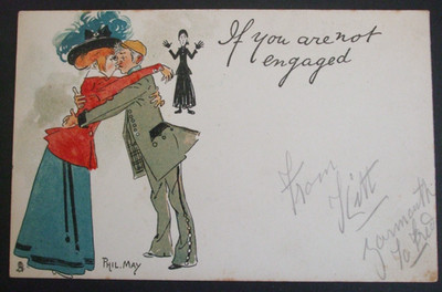 1907 PHIL MAY Comic Raphael Tuck WEGSCHREIBEN KÜSSENDES PAAR WENN NICHT VERLOBT