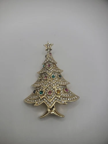 Vintage Monet Christmas Tree Brooch Pin Womens Gold Tone Jewelry Costume