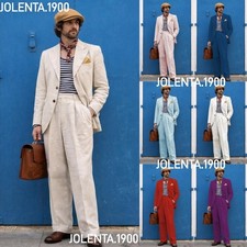 Linen Men's Suits Jacket 2Pcs Summer Beach Coat Wide Peak Lapel Cuffed Pants