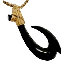 Hawaiian Hand Carved Fish Hook Black Bone Choker Necklace, 28 Inches Adjustable