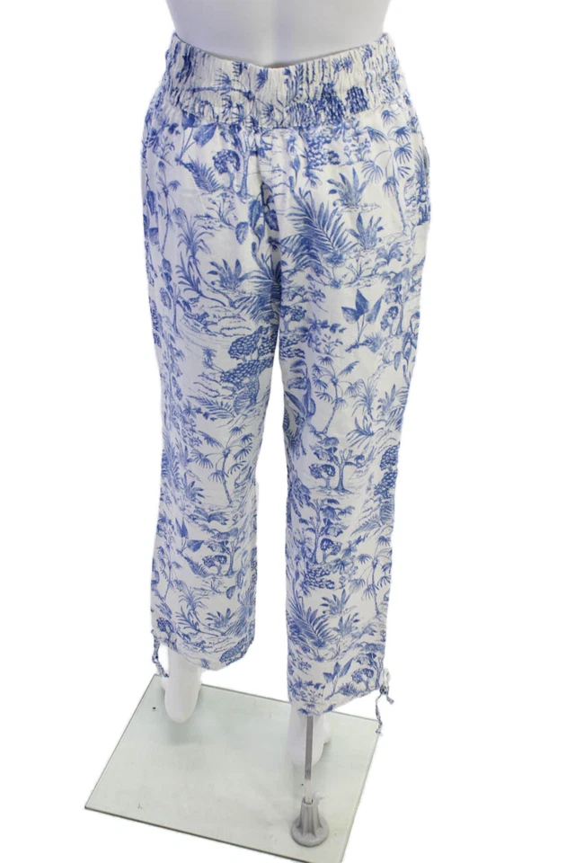 Pantalones al tobillo para mujer Nicole Miller de lino estampado tropical reunidos azules talla S Foto 3 de 4