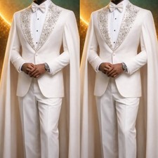 White Men's Suit with Long Cape Luxury Beaded Wedding Evening Party Prom 2pieces