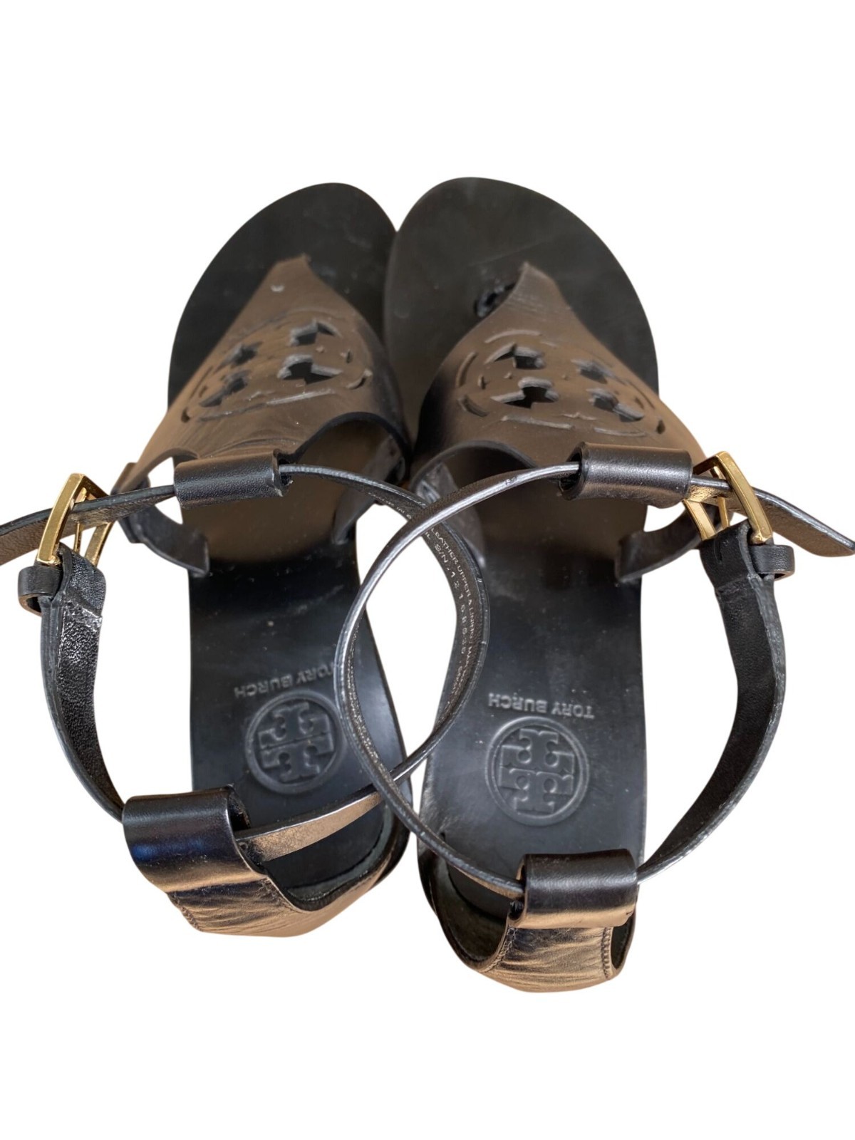 Tory Burch Black Zoey Wedge Sandals Size 6 Leather Ankle Strap Quiet Luxury thumbnail 8