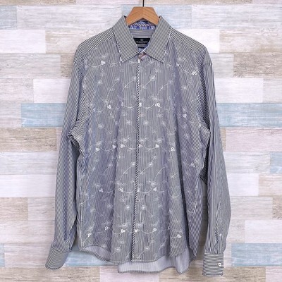 Bugatchi Uomo Floral Embroidered Shirt Blue White Striped Casual Cotton Mens XL