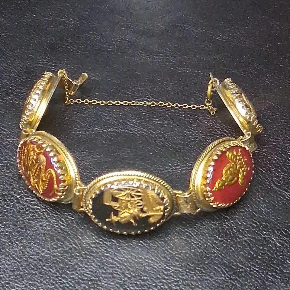 Brazalete de eslabones de diseño asiático de vidrio raro vintage WHITING & DAVIS tono dorado. 15.192 Foto 2 de 4