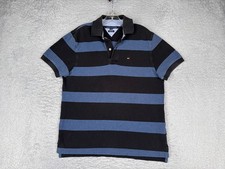 Tommy Hilfiger Polo Shirt Men Medium Blue Black Stripe Slim 100 Cotton READ