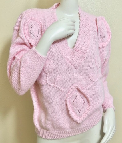 Vintage 70s 80s Retro Boho Hippy Granny Pink Sweater 3D Floral M - Picture 3 of 5