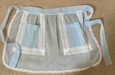 Vintage Blue Sheer Nylon Half Hostess Apron Lace Trim Two Pockets