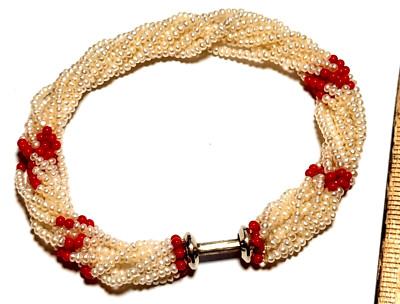 French Louis Rigollet 18K Seed Pearl & Coral Ten Strand Beaded Bracelet