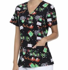 SCRUBSTAR HOLIDAY Women's "Santa/sled/deers" Mock Neck Scrub Top 3xl