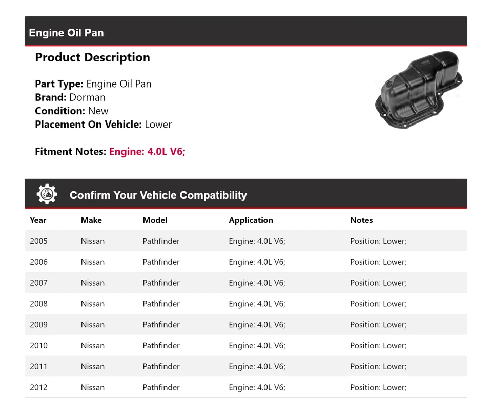 Para Nissan Pathfinder 2005-2012 4,0 L V6 motor Dorman cárter de aceite inferior 2006 2007 Foto 2 de 4
