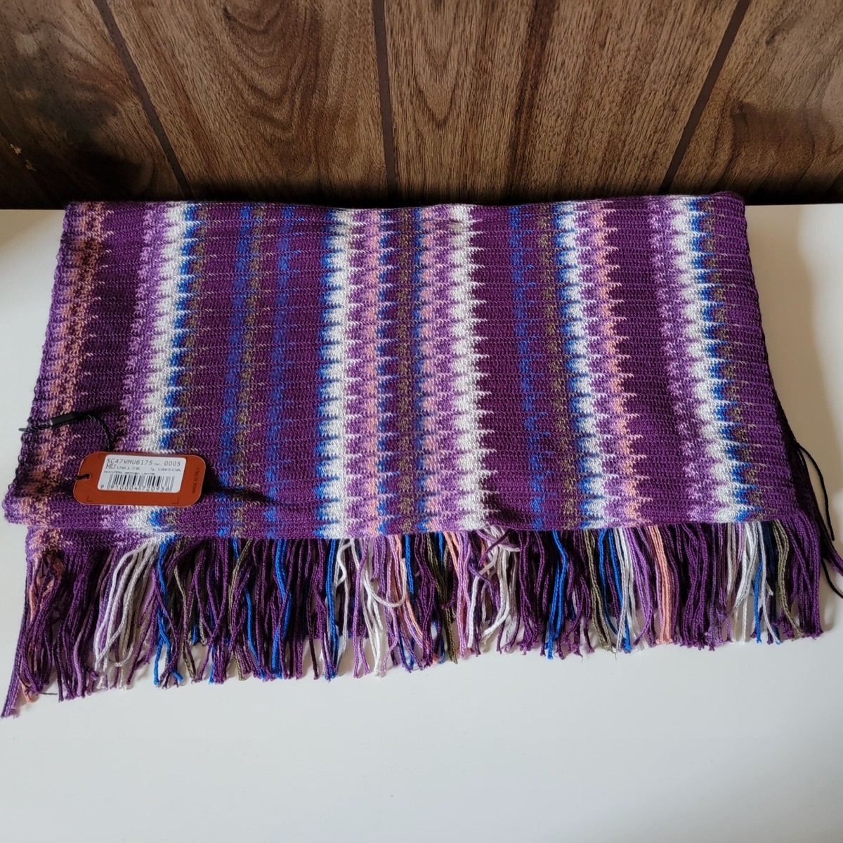 Missoni Wool Blend Scarf Fringe Knit Purple Made In Italy Unisex