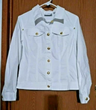 NICE WOMEN'S LINEA WHITE COTTON/ POLY/ SPANDEX JACKET WITH GOLD BUTTONS SZ XS