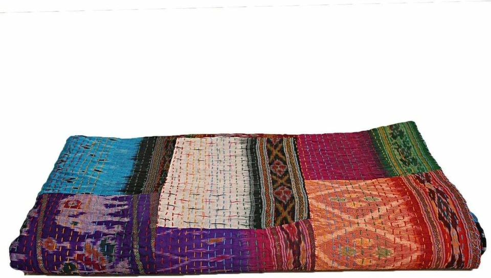Multi Indian Handmade Vintage Patchwork Silk Blanket Twin Kantha Quilts Throw - Image 2 of 4