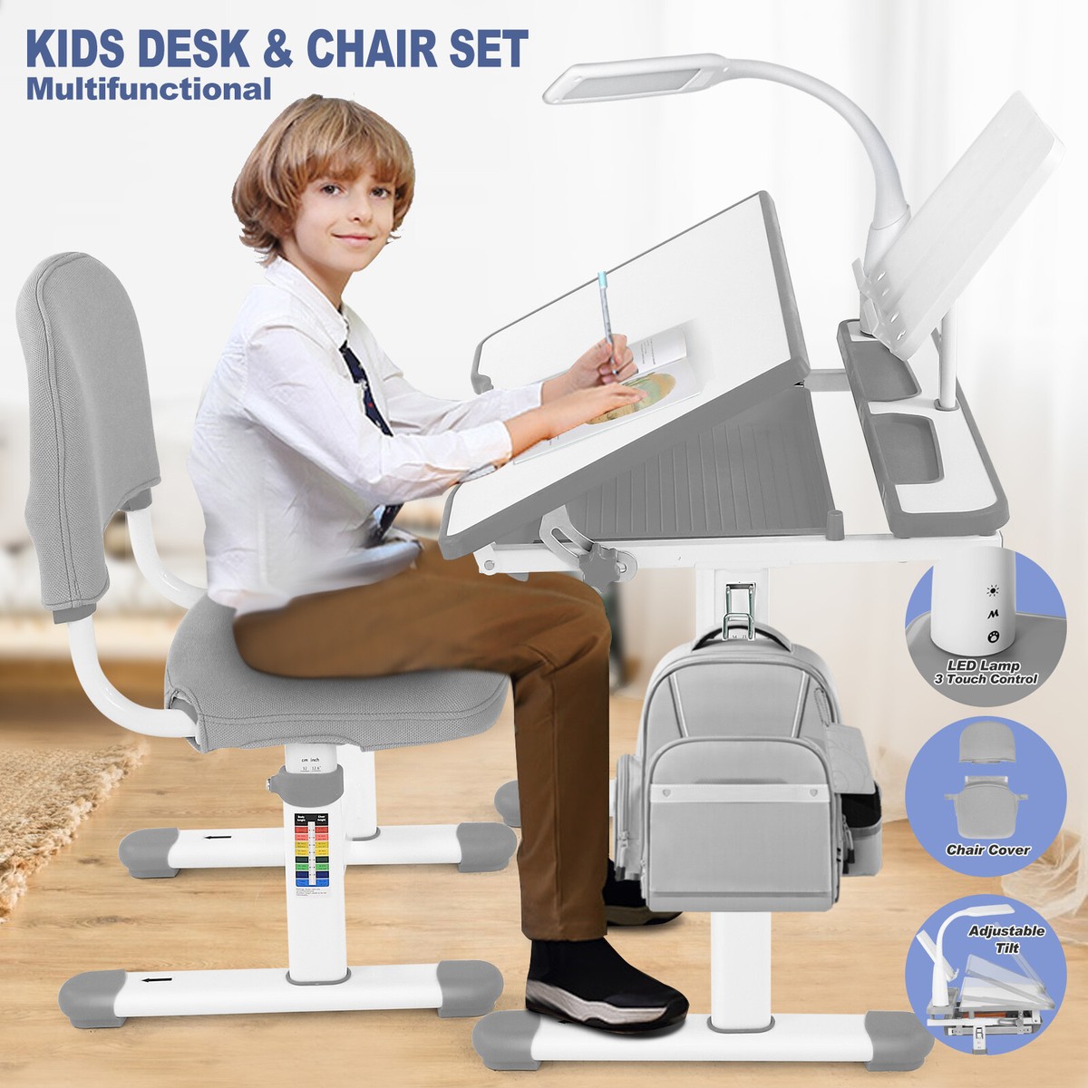 Kids Gray Desk Chair Set Height Adjustable Children Study Table