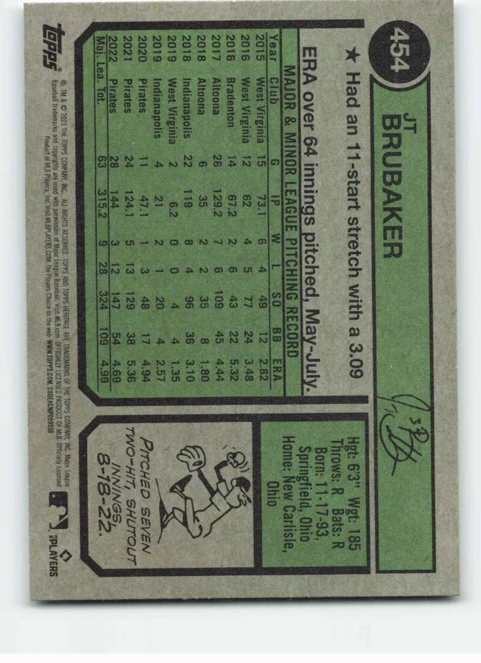 2023 Topps Heritage #454 JT Brubaker SP Pittsburgh Pirates Baseball - Image 2 of 2