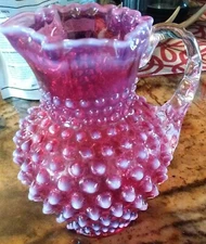 Vintage FENTON Art Glass CRANBERRY OPALESCENT HOBNAIL ICE LIP PITCHER 5.5" EUC.